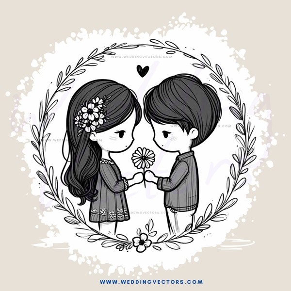 girl and boy embracing with flower and leaves decoration