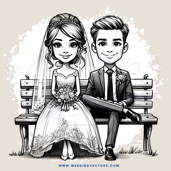 a bride and groom on a bench