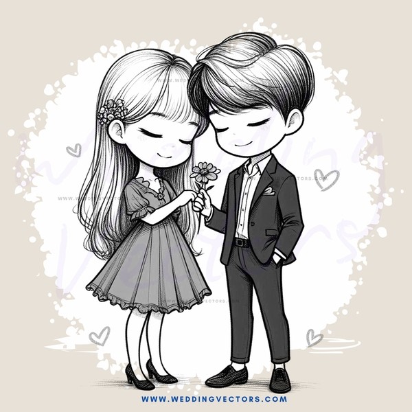 a man and woman standing with flowers