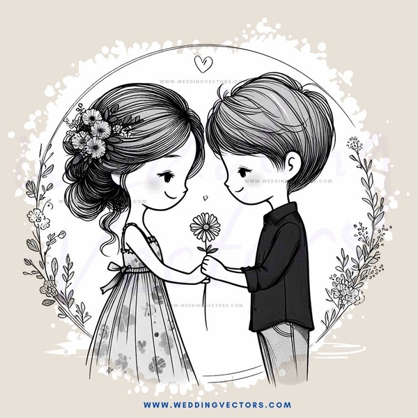 two people holding hands and smiling with a flower on girl's head