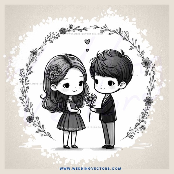 a boy and girl standing together holding flowers
