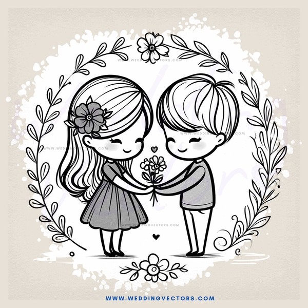 two people holding flowers and standing in an oval with leaves around them