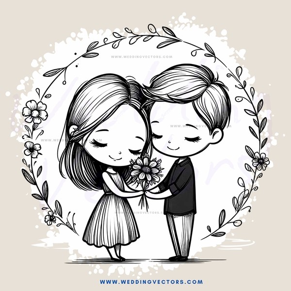 a couple holding flowers and kissing
