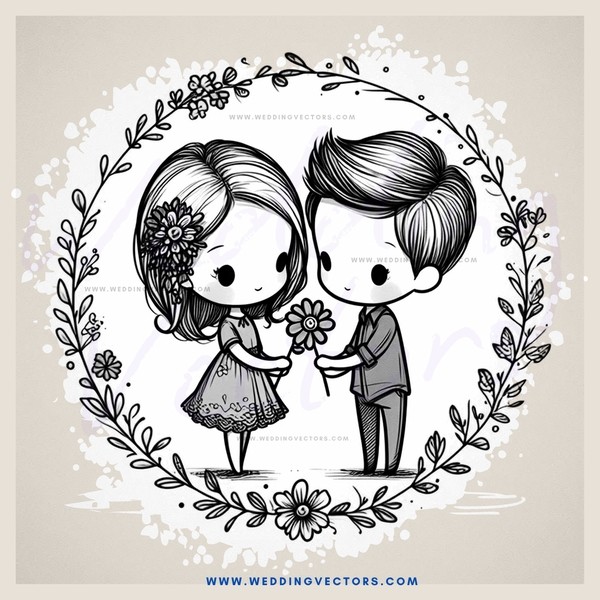 two people standing in a circle with flowers and plants around them