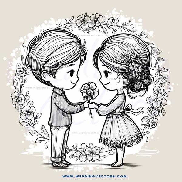 a young boy and girl exchanging flowers
