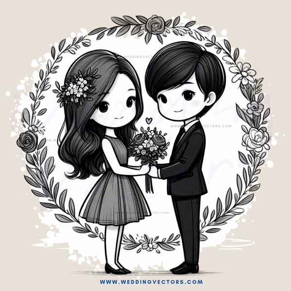 a couple holding flowers within an ornate circle