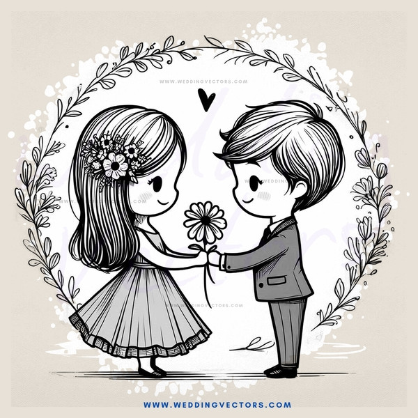 two people holding a flower and have hearts around them