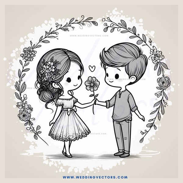 a boy and girl holding hands and exchanging flowers