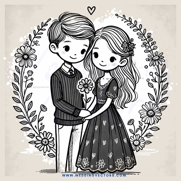 a boy and girl holding flowers inside an arch with leaves