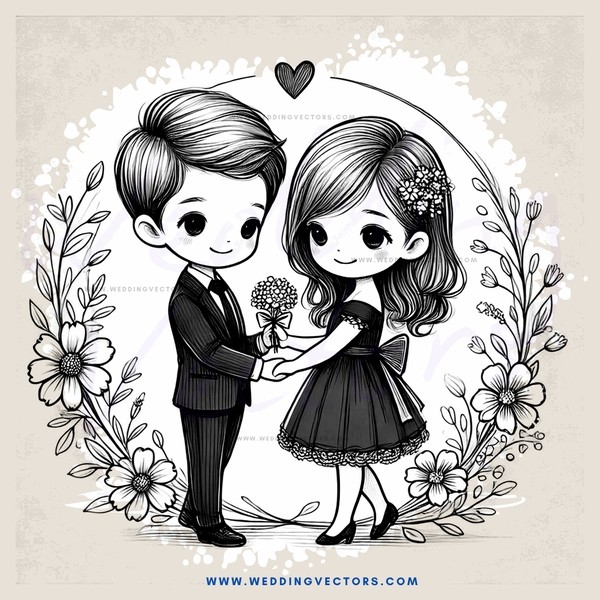 two people in wedding attire standing near each other with flowers