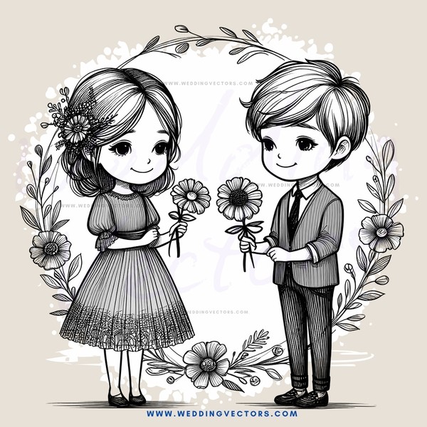 a boy and girl holding flowers
