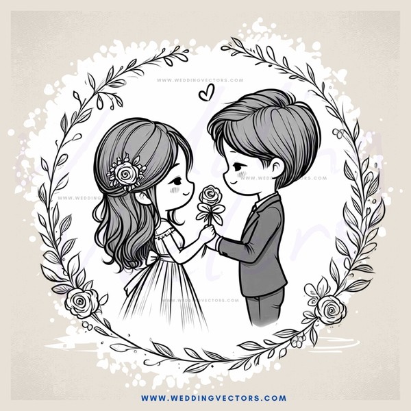 boy and girl leaning in for kiss in circle of flowers