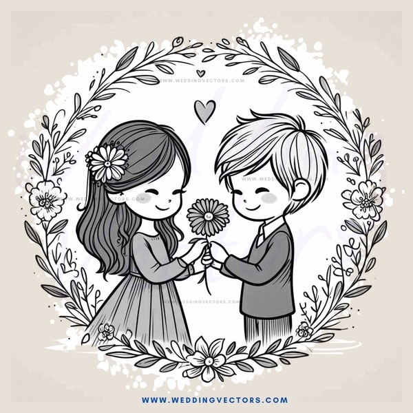 a boy and girl holding flowers in an outlined flower shape