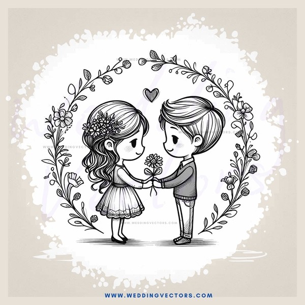 two young people holding hands in front of an outlined flower