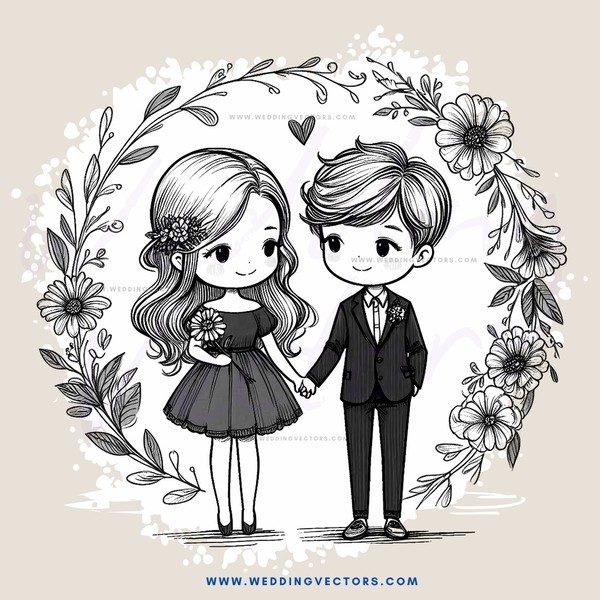 a boy and girl standing together with flowers