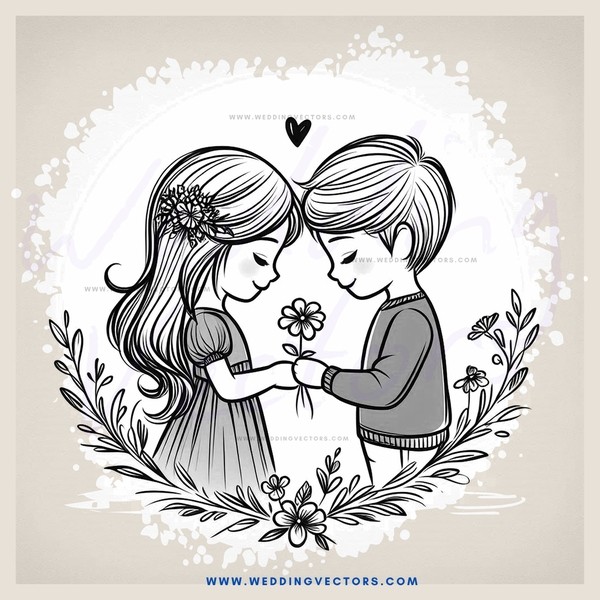 two children embracing with flowers and an arrow