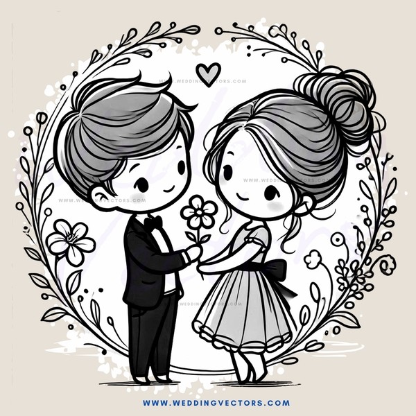boy and girl holding flowers in an oval shape