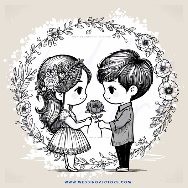 a couple exchanging flowers in a garden