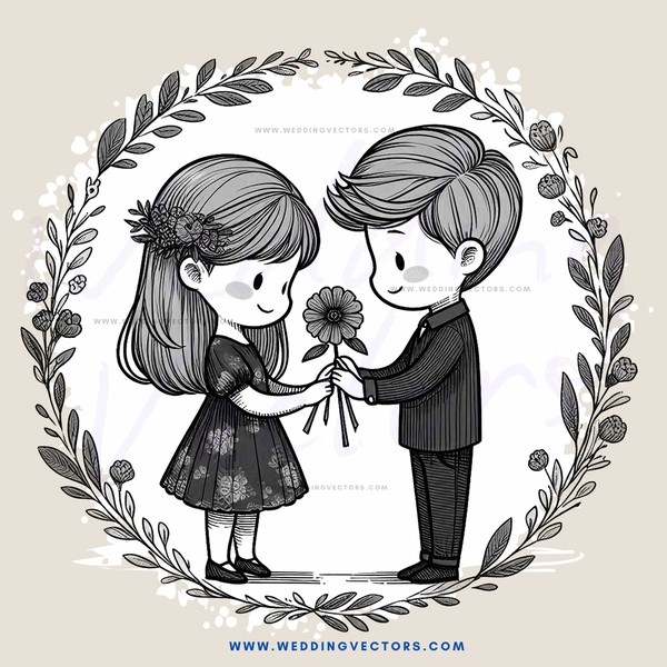 boy and girl shaking hands with flowers