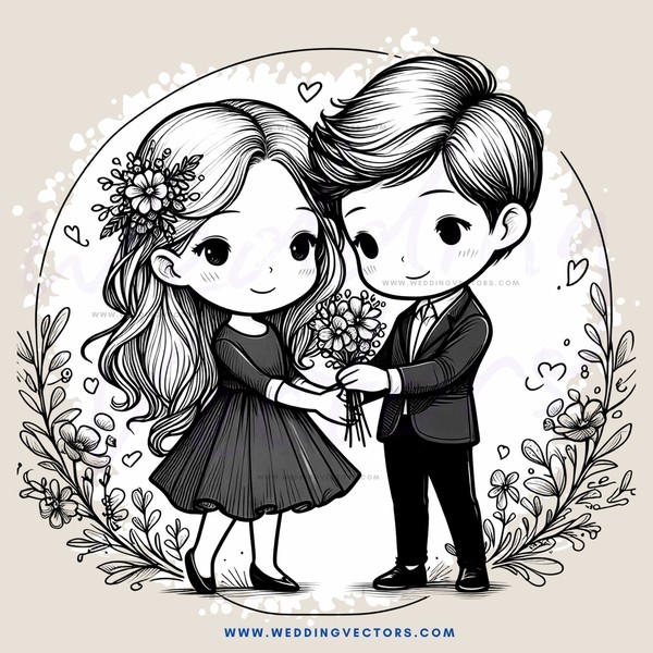 couple embracing with flowers and leaves decoration
