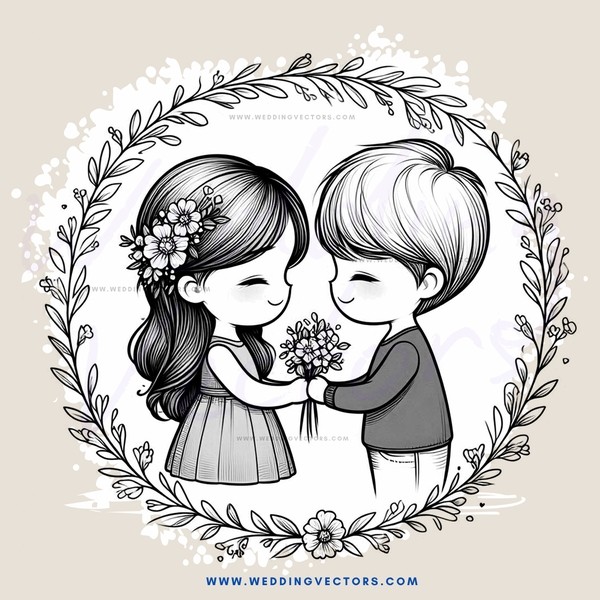 two children embracing with flowers