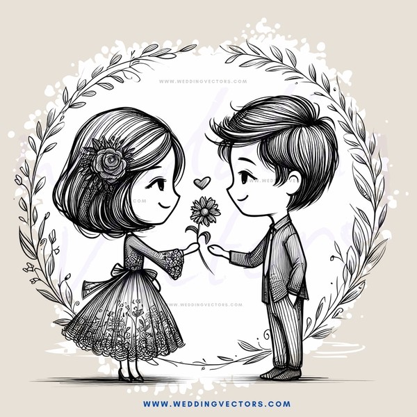 a boy and girl holding flowers inside a wreath