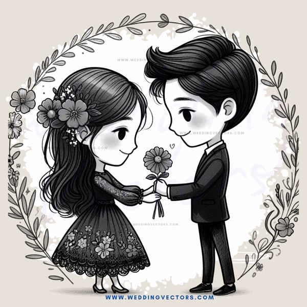 a cartoon of a couple holding flowers