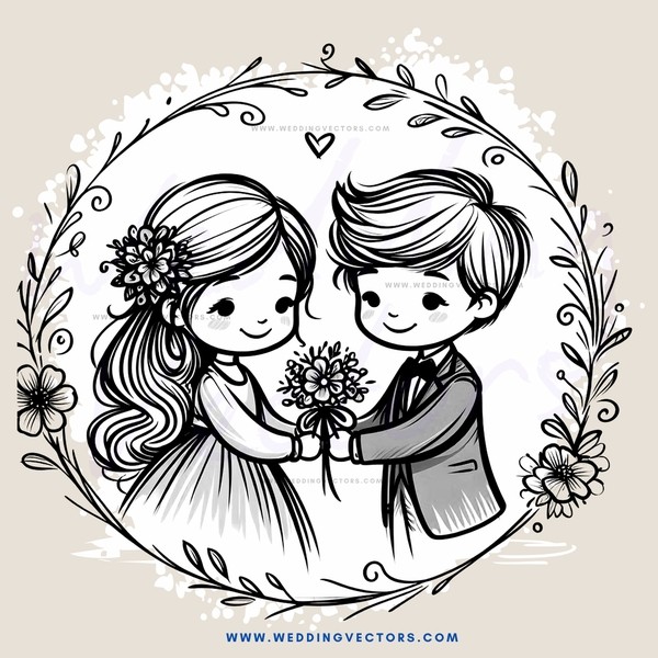 a cartoon drawing of two people holding flowers and posing for a picture
