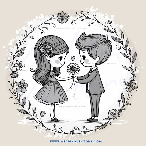 a boy and girl in a circle with flowers around them