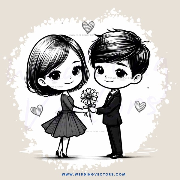 boy and girl with flowers and hearts