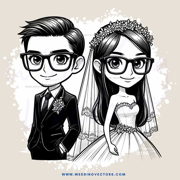 a bride and groom in a cartoon style drawing