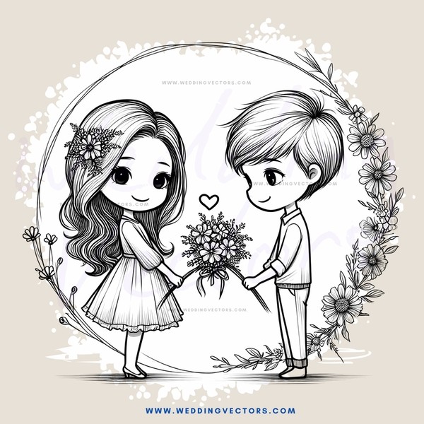 cartoon lovers with flowers and leaves