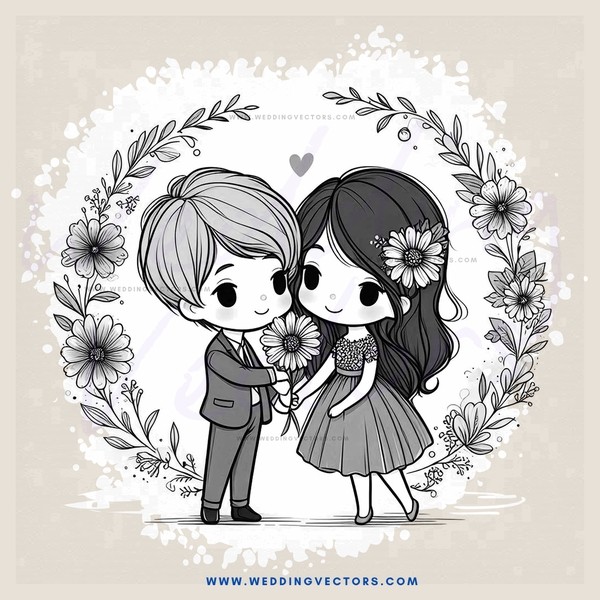 boy and girl holding flower bouquets inside wreath