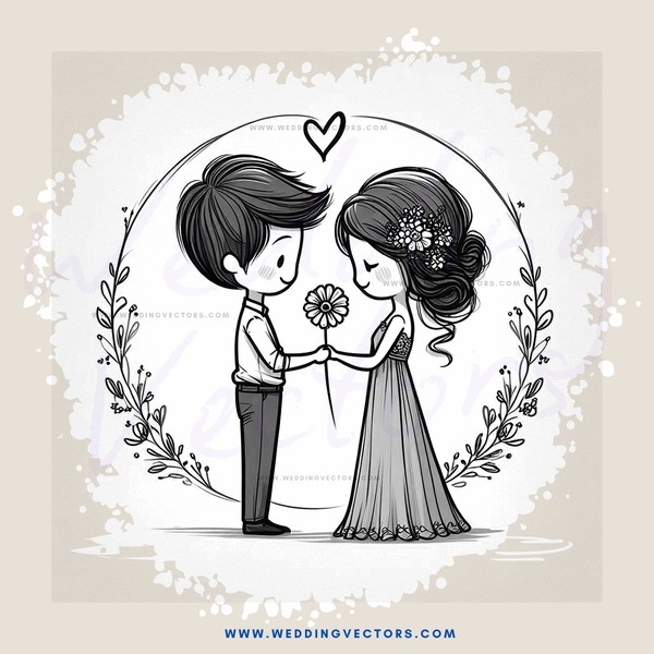 a couple holding flowers and an arrow pointing at them