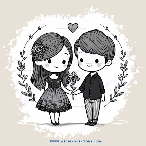cartoon couple holding flower