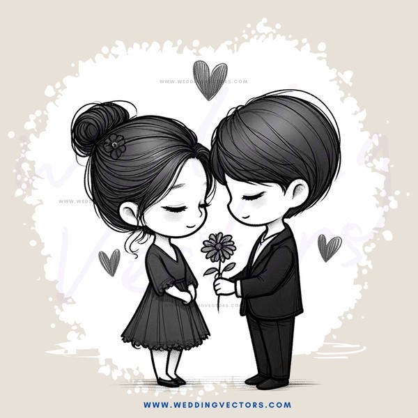 young couple with flowers and hearts