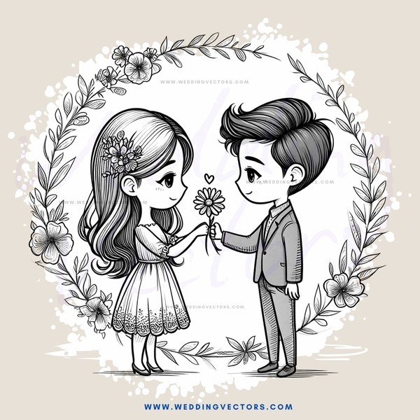 couple in wedding attire holding flower and making peace sign