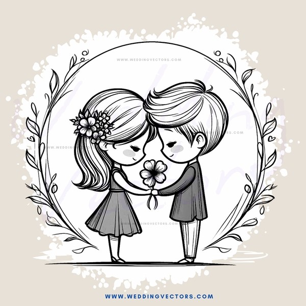 a boy and girl standing together with flowers in their hair