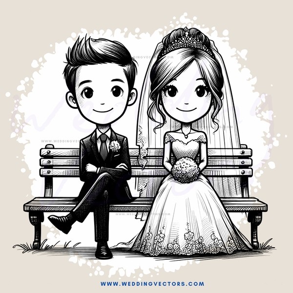 a bride and groom sitting on a bench