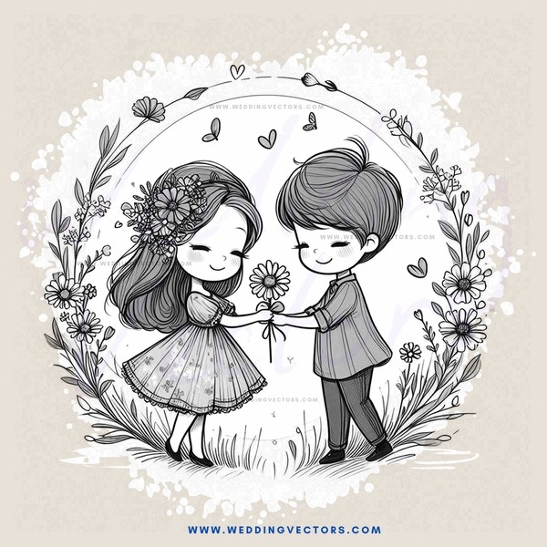 boy and girl embracing with flowers and butterflies