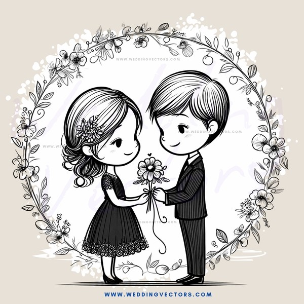 a boy and girl holding hands and flowers