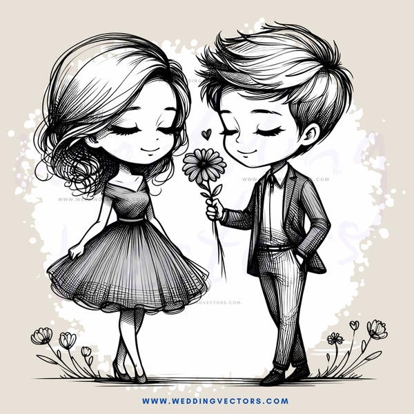 two people standing together with flowers