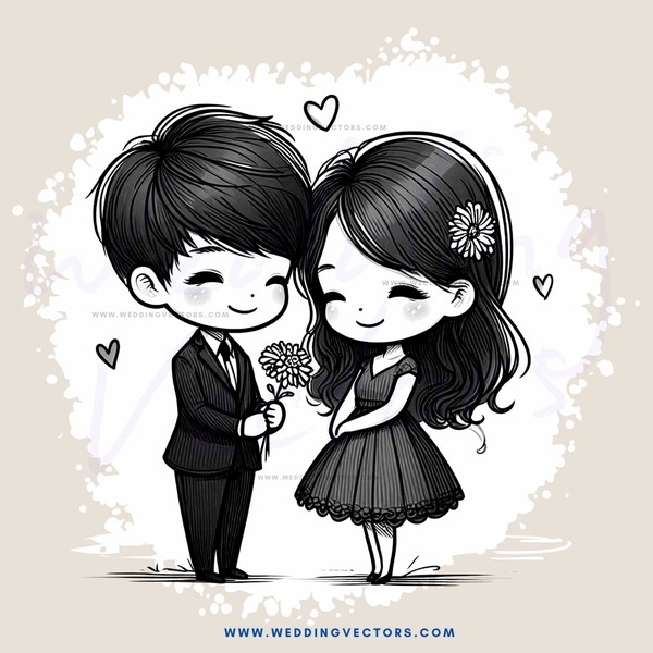 a man and woman in black with hearts and flowers around them