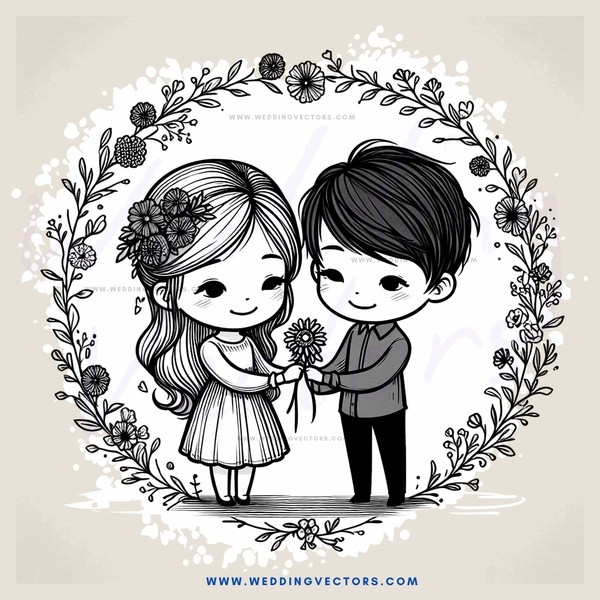 a couple holding flowers in an intricate wreath