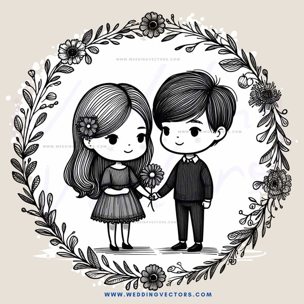 couple on flower wreath, black and white illustration