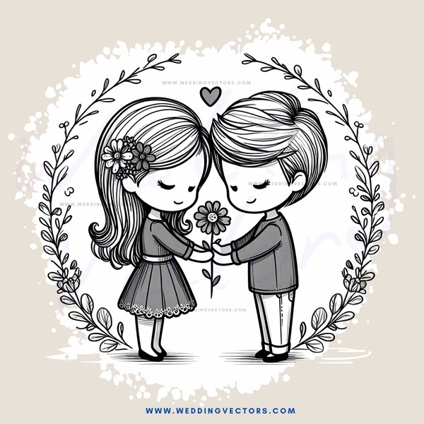 lovers embracing with flowers and leaves