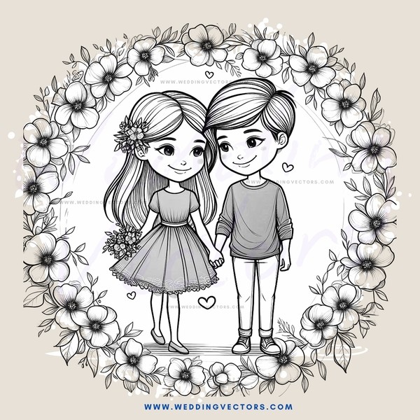 cartoon kissing couple in center of flowers