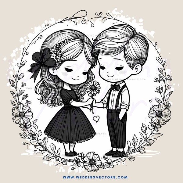 a young couple standing close together with flowers in between them