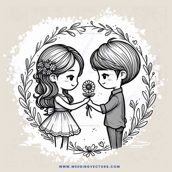 the young couple with flowers and leaves