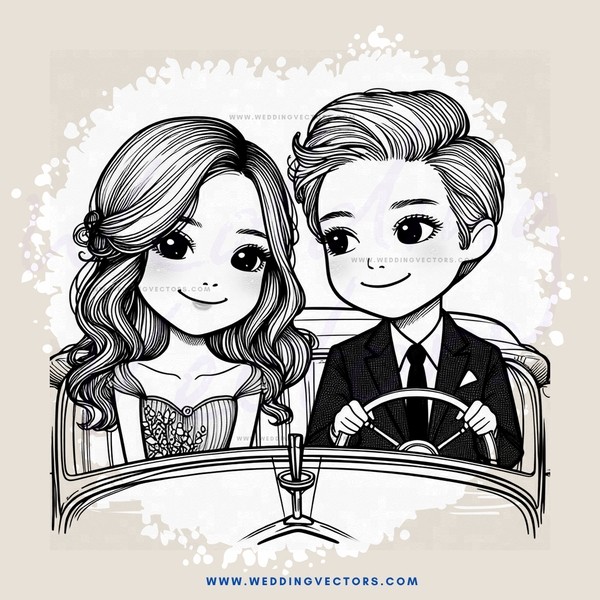 a caricature drawing of a lady and man driving in a car